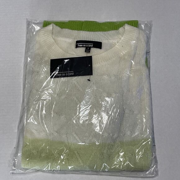 Free As A Bird Cream Green Colorblock Long Sleeve Cable Knit Sweater NIB Size S - Picture 5 of 8